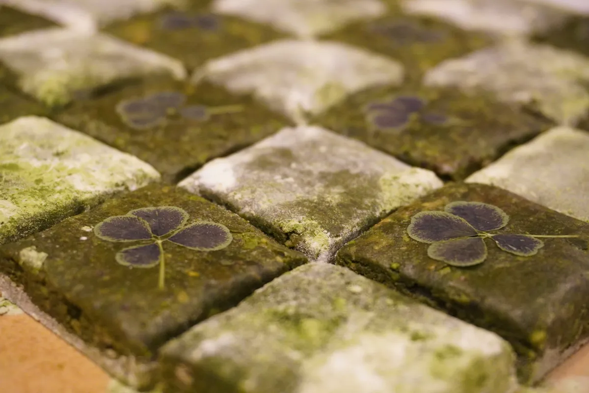 Tablettes crues vert sauge ornées d'un trèfle